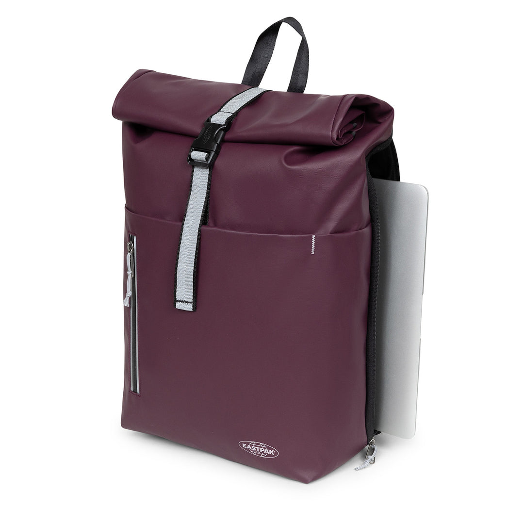 Purple backpack with a visible brand logo on a white background