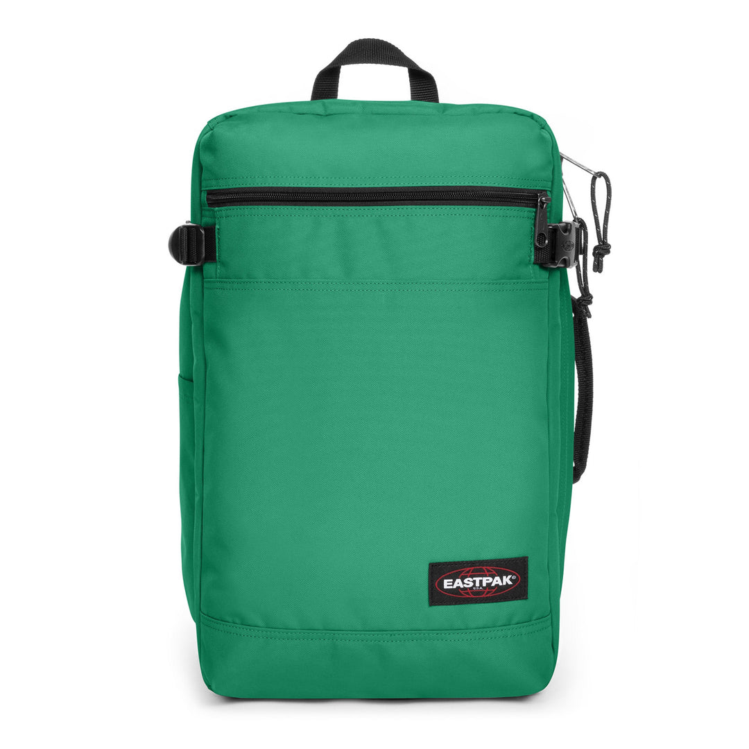A green Eastpak backpack with black zipper and strap details, shown against a plain white background.