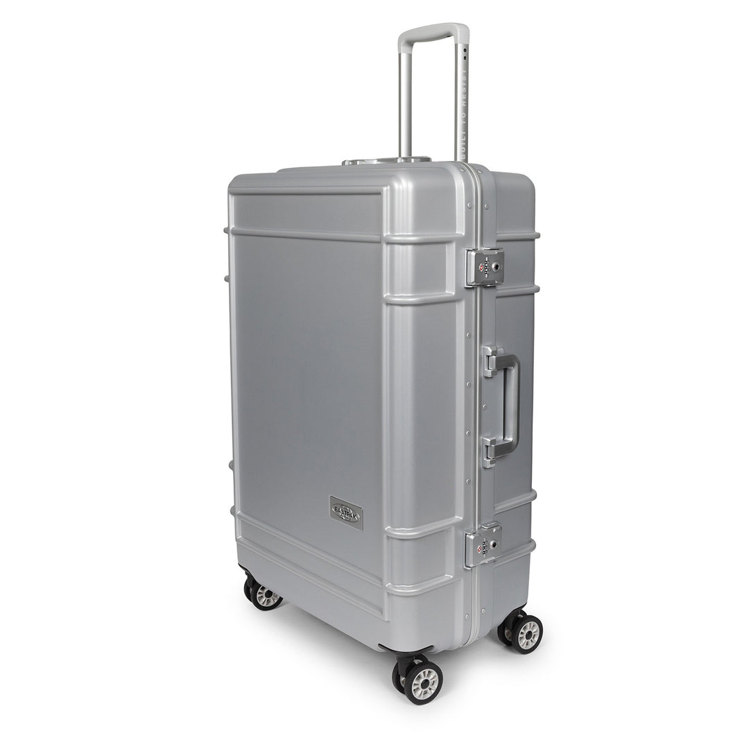 A silver rolling suitcase with a telescoping handle extended, shown from a three-quarter angle on a white background.