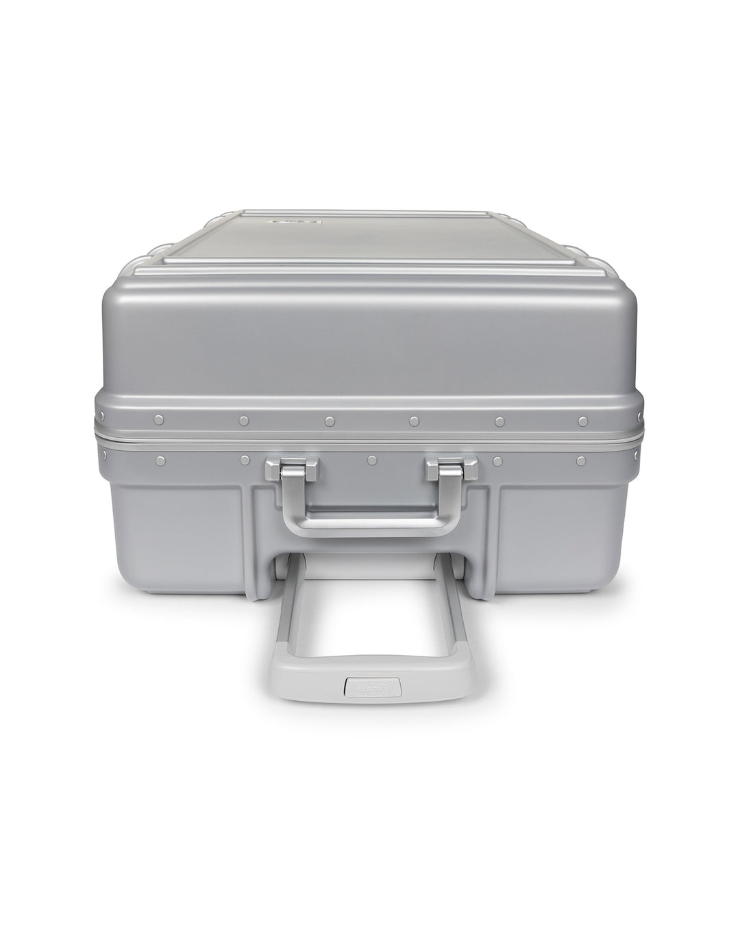 A silver aluminum hard case with a hinged lid, front handle, and extended lower handle, shown on a plain white background.