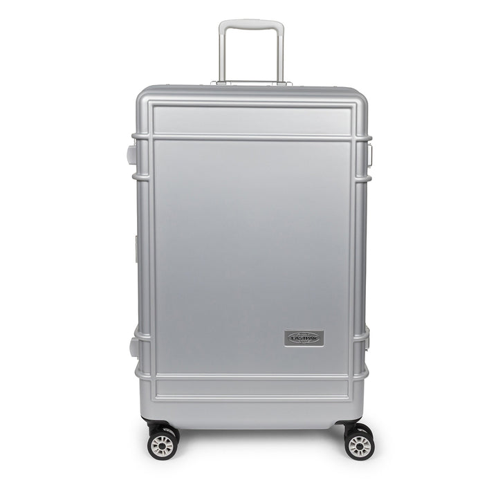A silver hard-shell suitcase with a telescoping handle and four spinner wheels, shown from a front-facing angle on a white background.