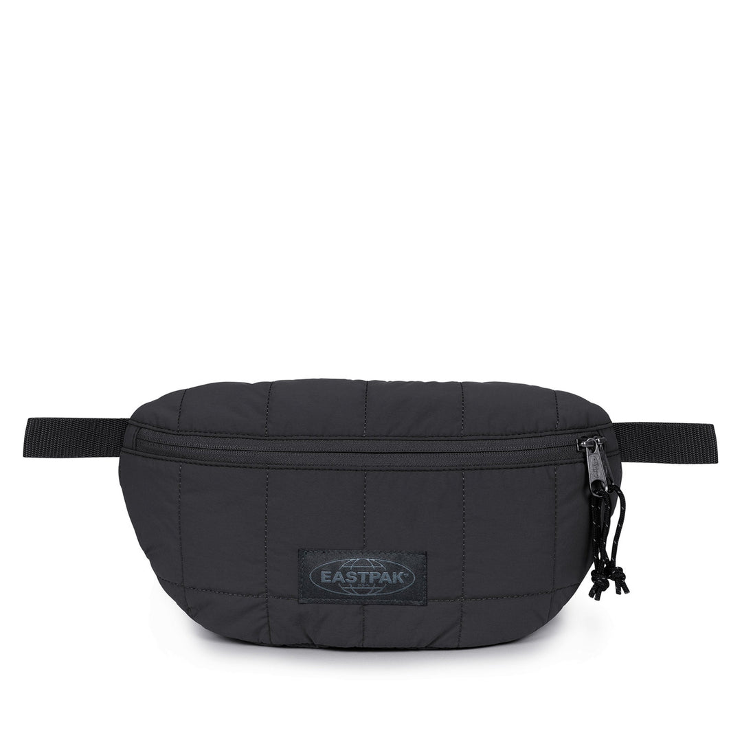 A black quilted Eastpak belt bag with a zippered front pocket and an adjustable strap, shown against a plain white background.