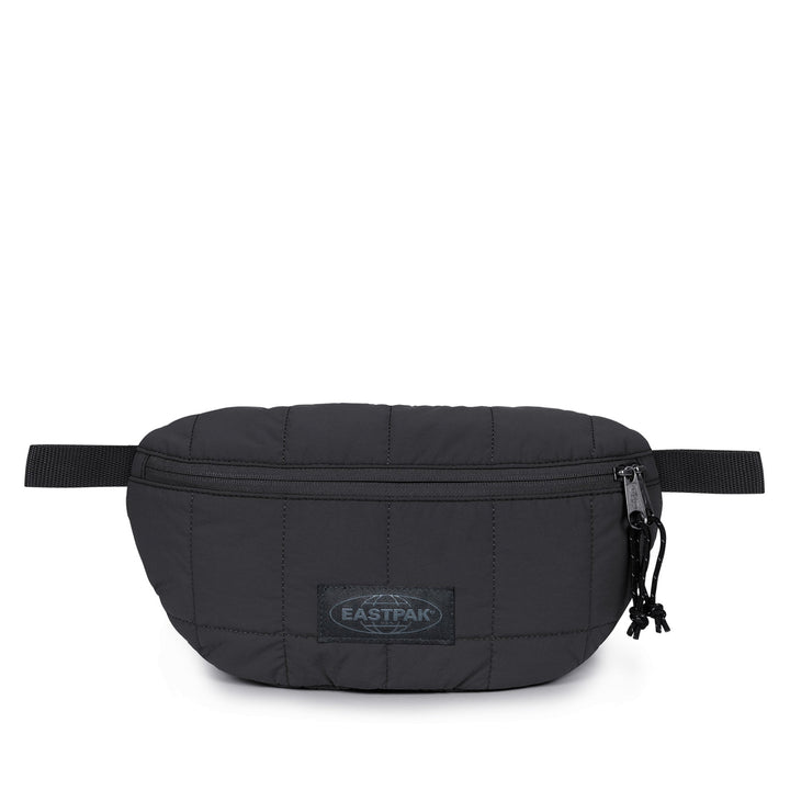 A black quilted Eastpak belt bag with a zippered front pocket and an adjustable strap, shown against a plain white background.