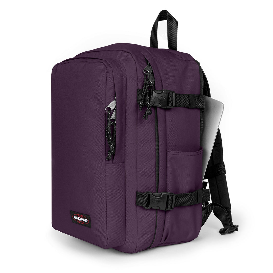 Purple backpack with black straps on a white background