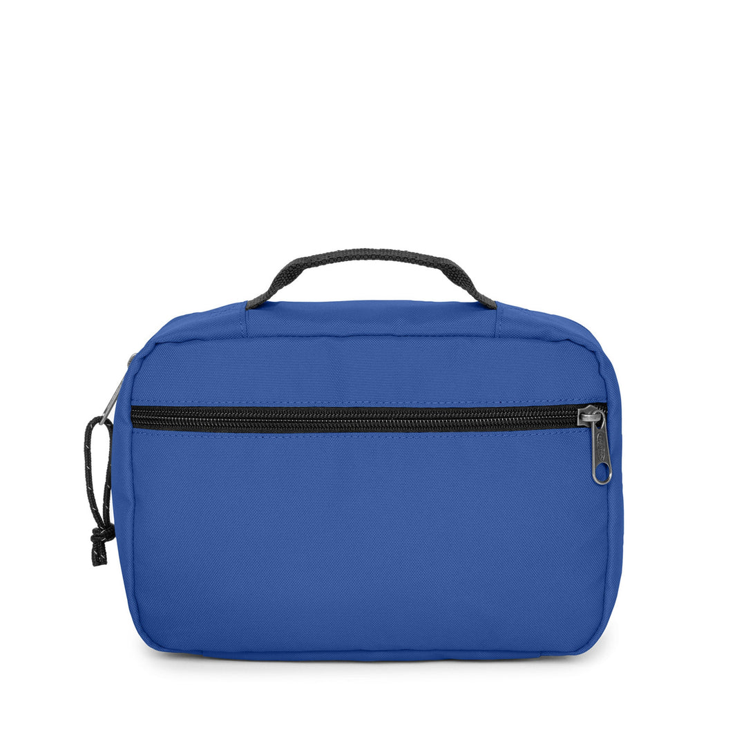 A blue rectangular toiletry bag with a top handle, a horizontal black zipper, and a small black side drawstring, shown on a plain white background.