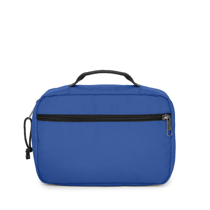A blue rectangular toiletry bag with a top handle, a horizontal black zipper, and a small black side drawstring, shown on a plain white background.
