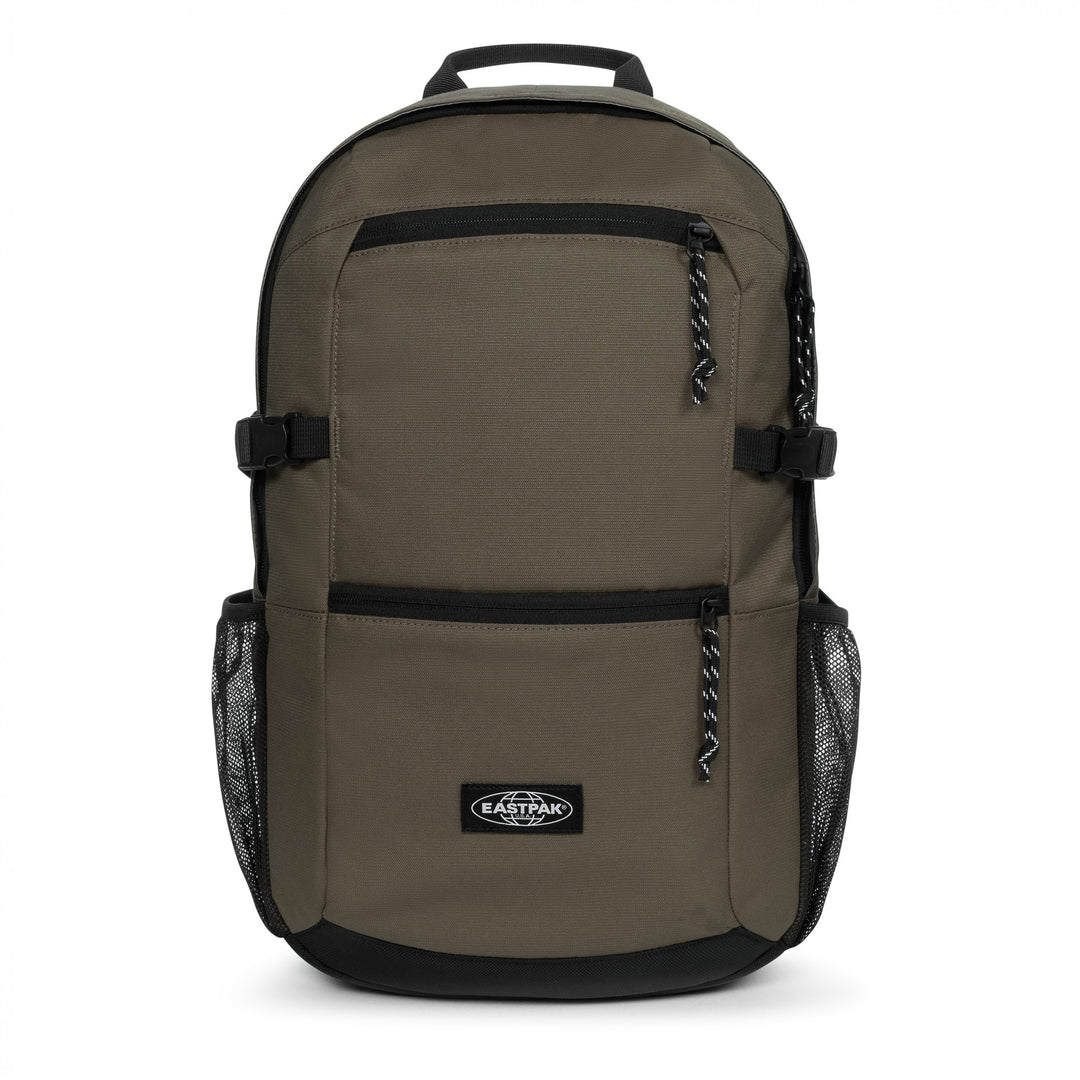 Khaki green Eastpak backpack with black accents on a white background