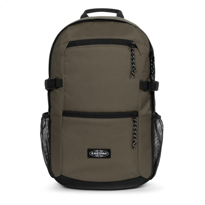 Khaki green Eastpak backpack with black accents on a white background