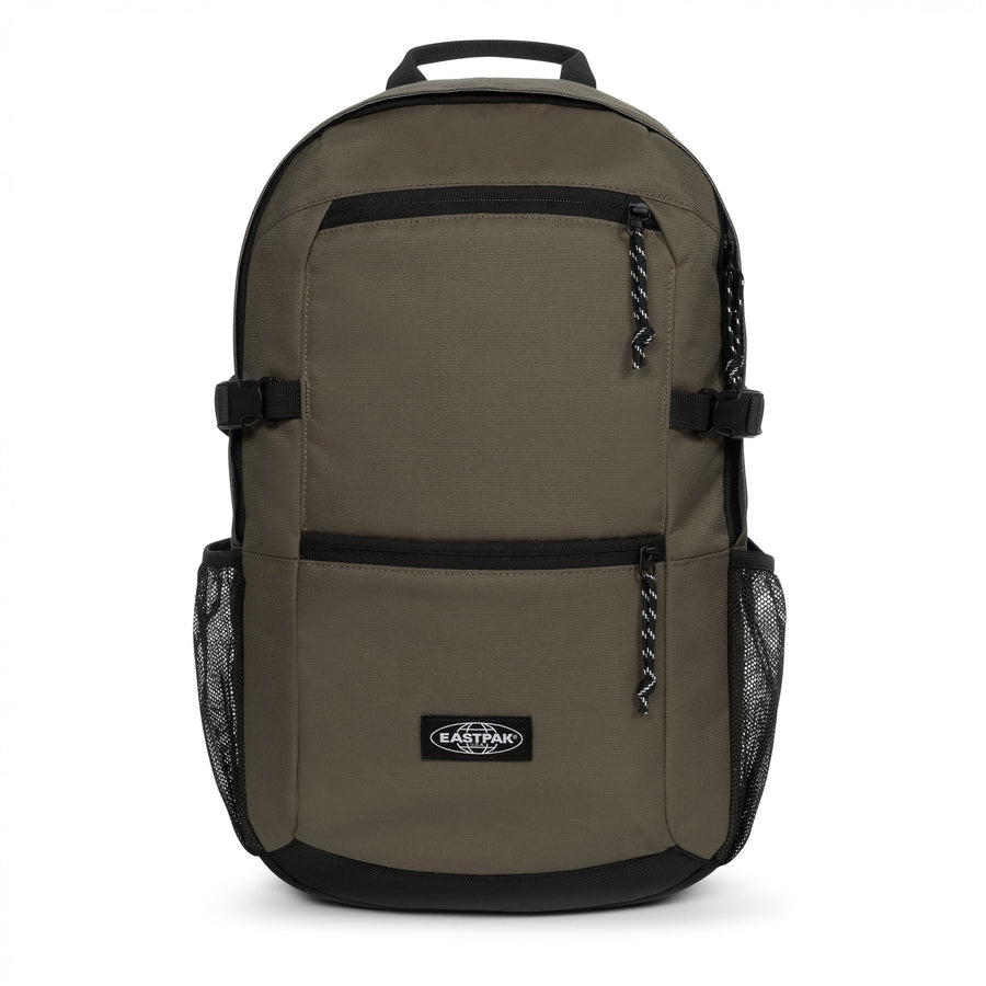 Khaki green Eastpak backpack with black accents on a white background