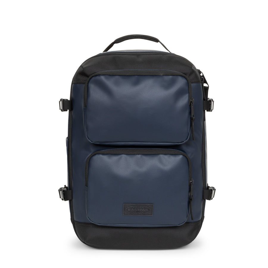 Blue backpack with black accents on a white background