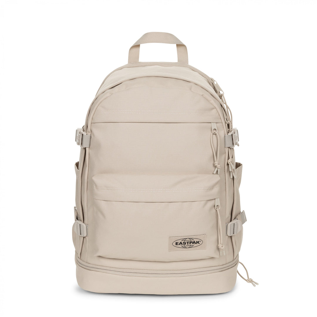 Beige backpack with Eastpak logo on a white background
