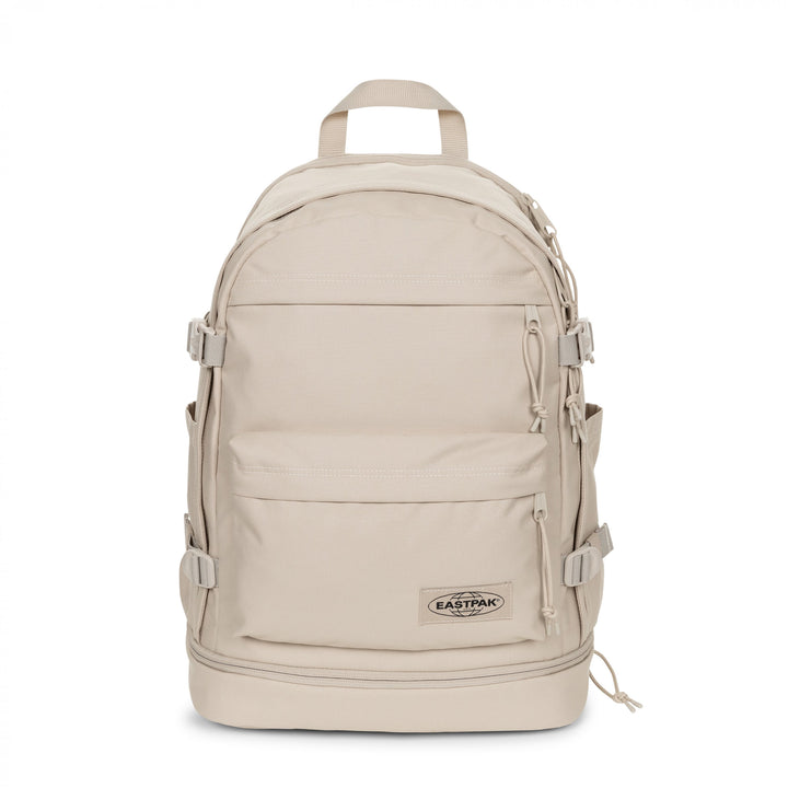 Beige backpack with Eastpak logo on a white background