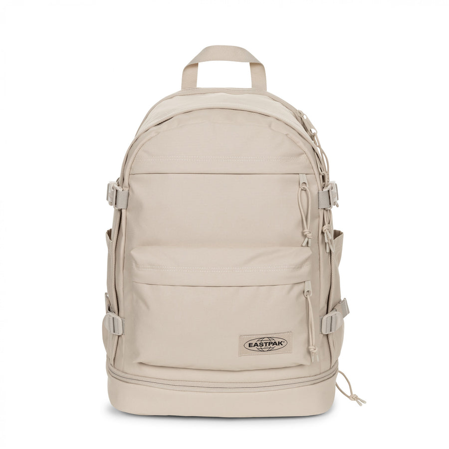 Beige backpack with Eastpak logo on a white background