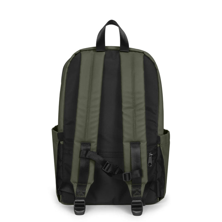 The back view of a backpack in olive green and black, featuring padded shoulder straps, a top carry handle, and side mesh pockets, set against a plain white background.