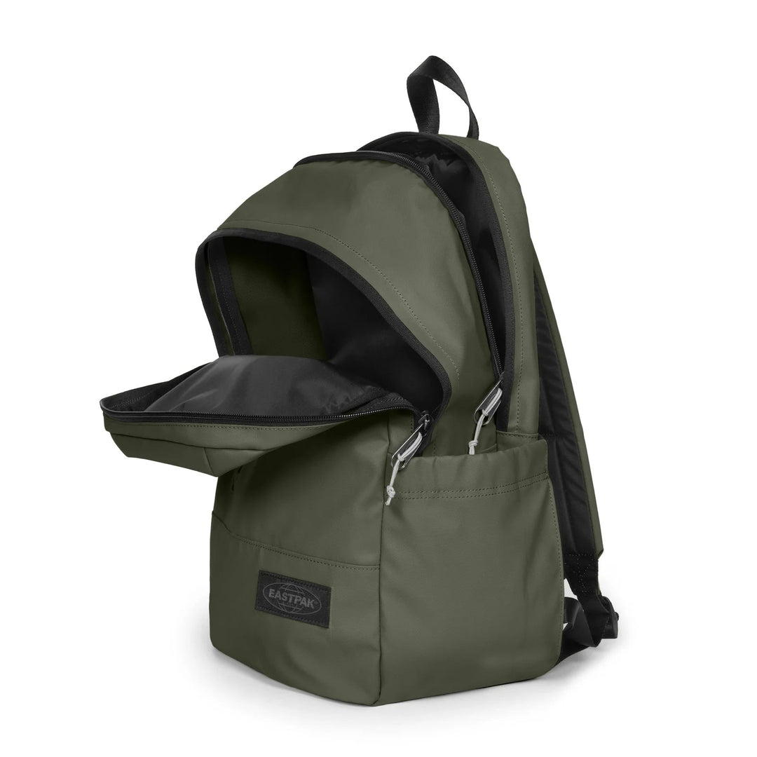 Green backpack with open front pocket on a white background