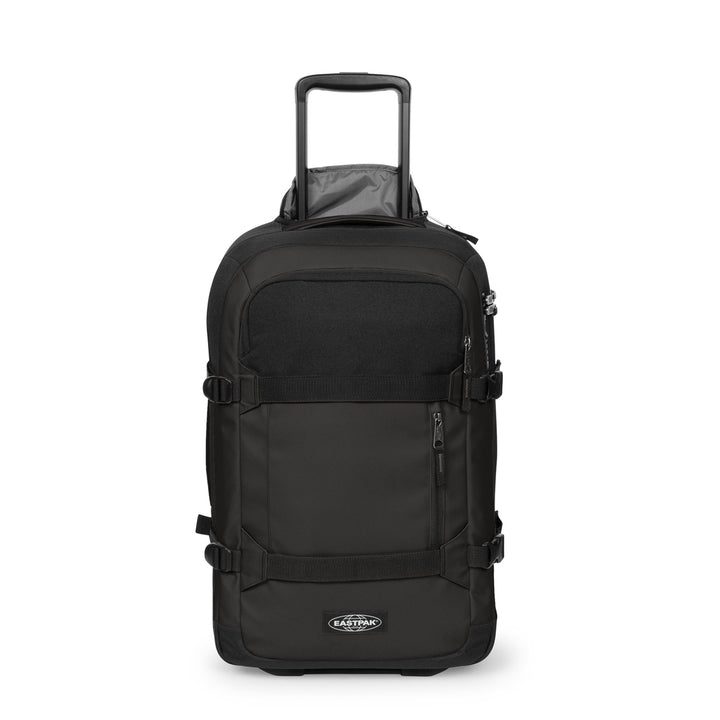 Black rolling suitcase with Eastpak logo on a white background