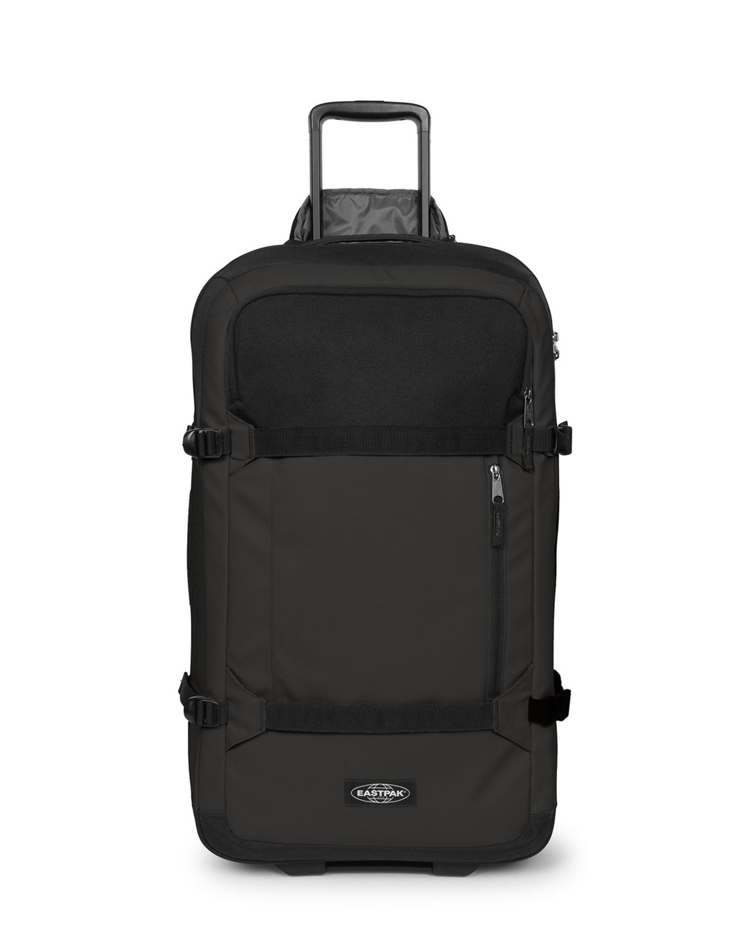 Black rolling suitcase on a white background