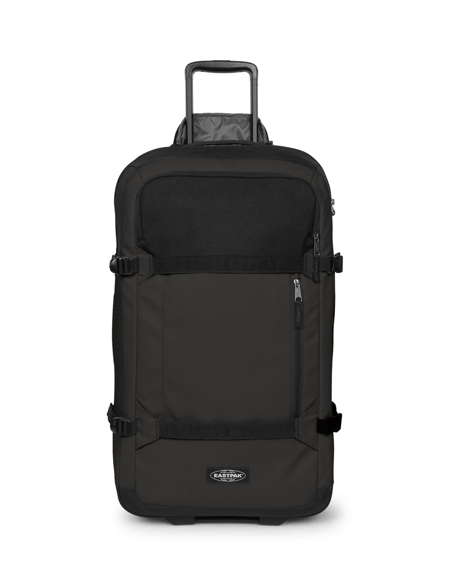 Black rolling suitcase on a white background