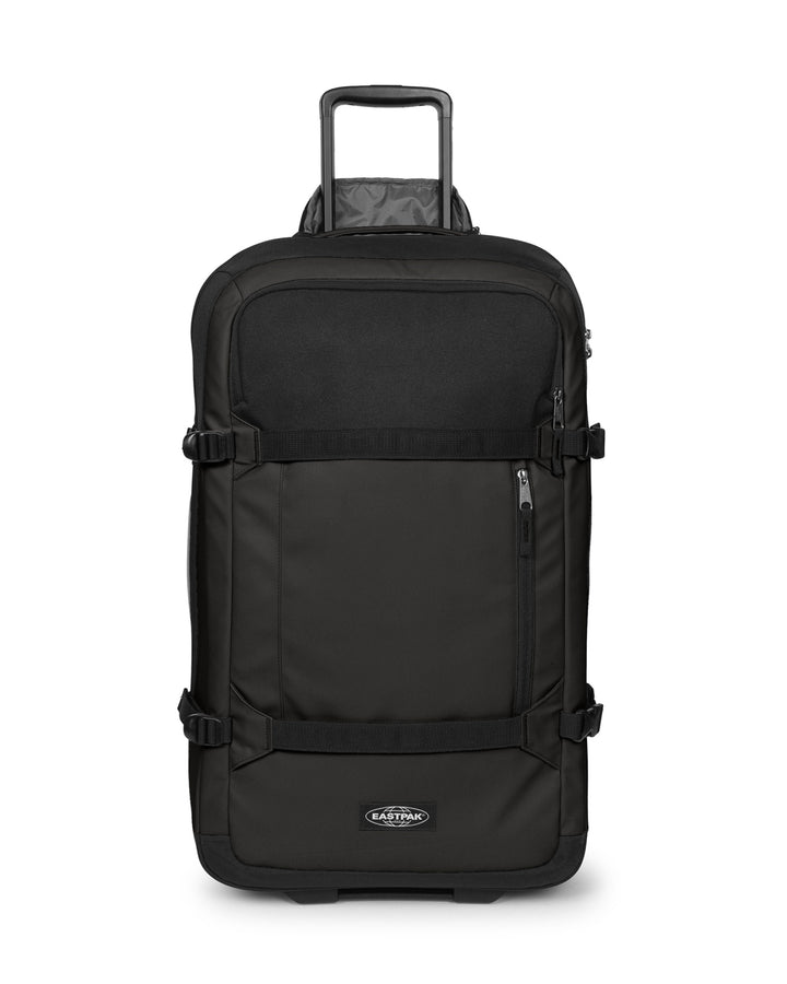 Black rolling suitcase with Eastpak logo on a white background