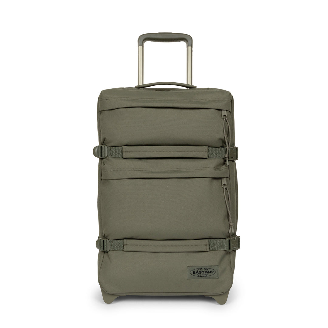 Green suitcase with a visible brand logo on a white background