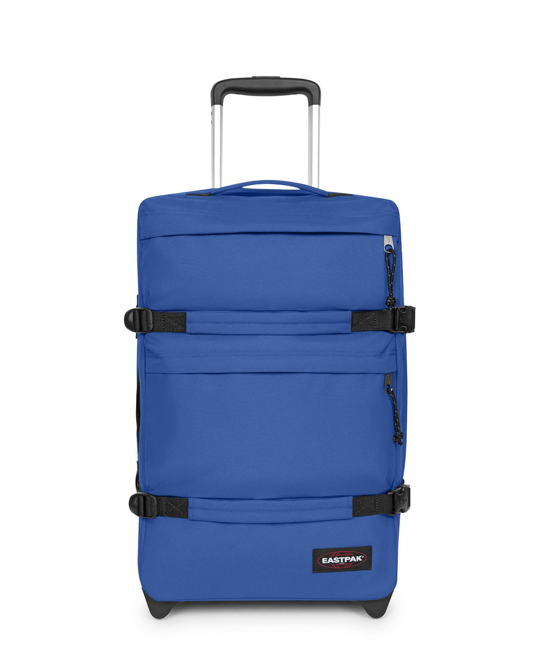Blue suitcase with black straps on a white background