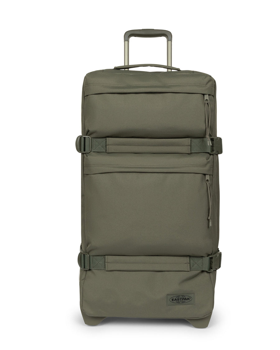 Green rolling suitcase on a white background