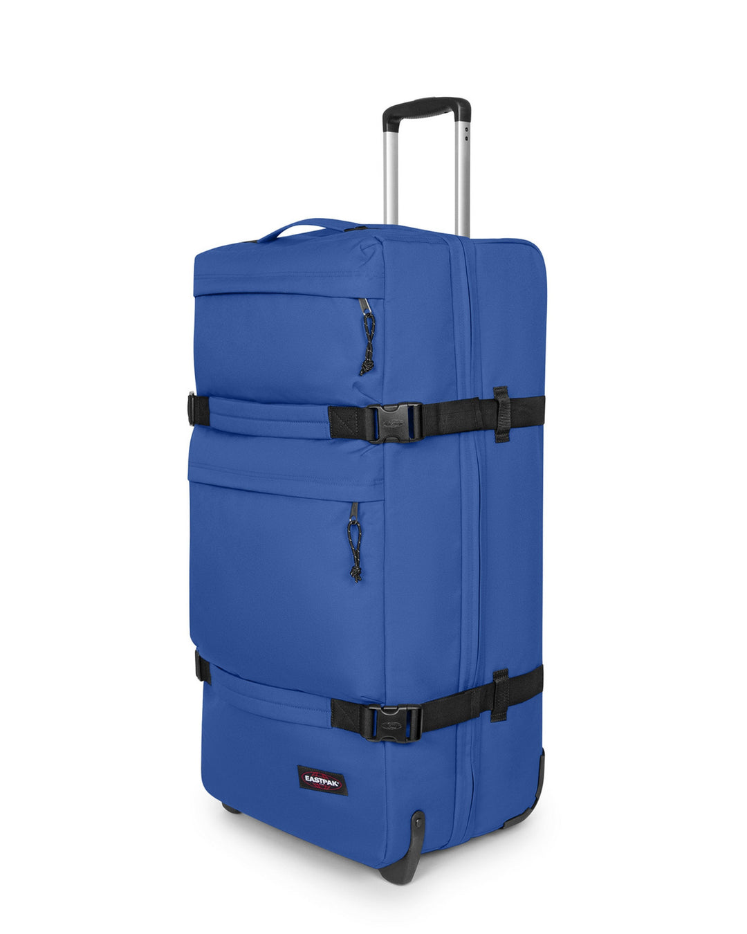 Blue suitcase with a black strap on a white background