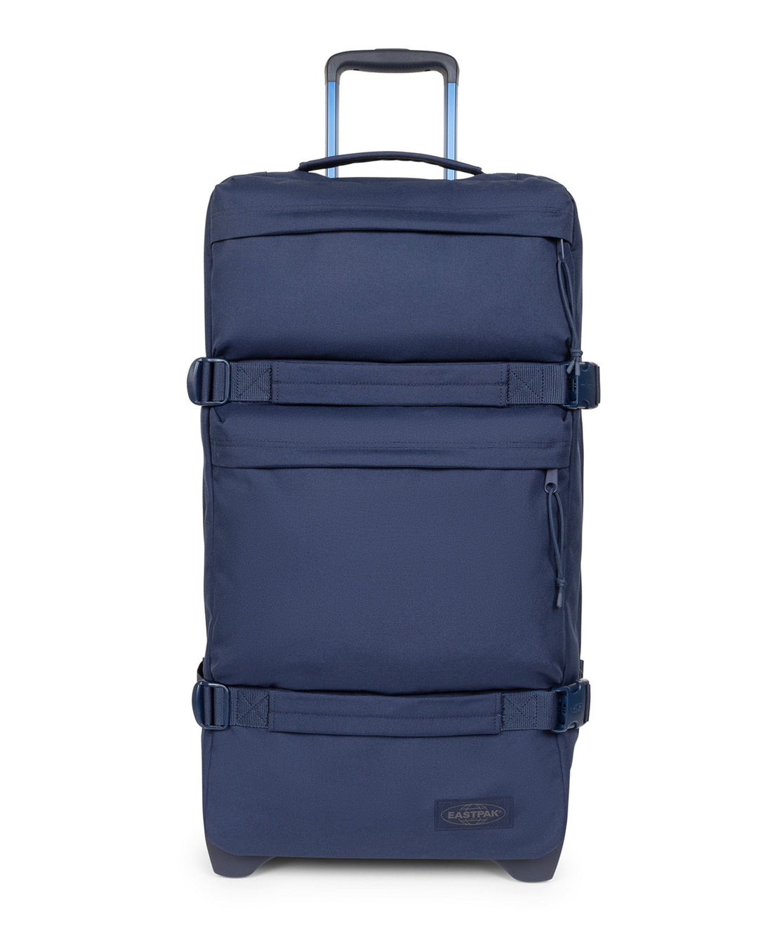 Blue rolling suitcase on a white background