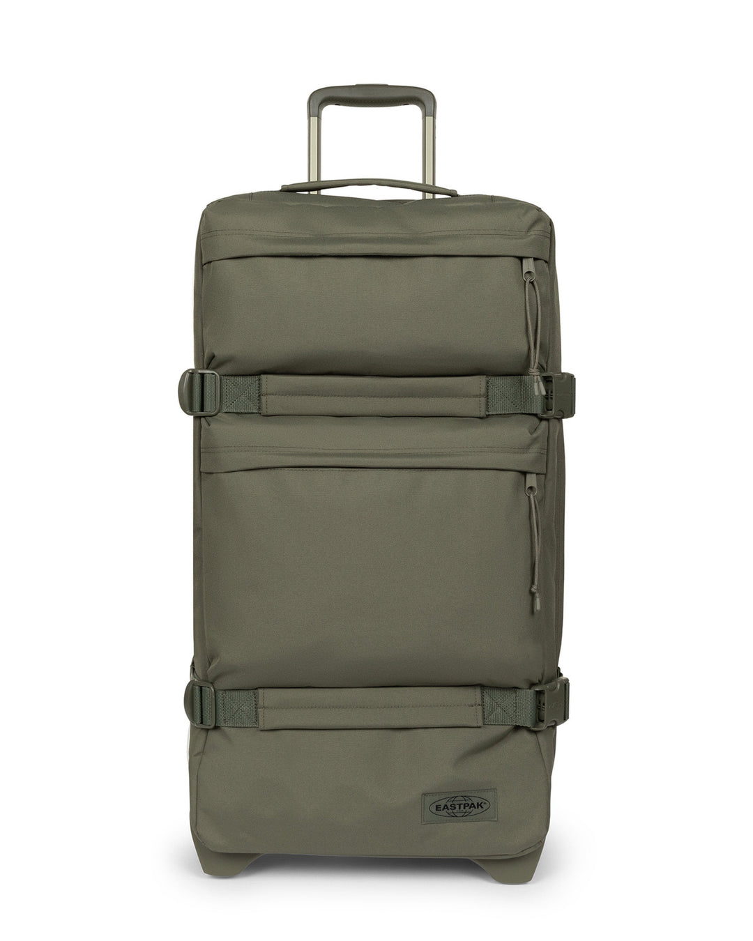 Green travel suitcase with wheels on a white background