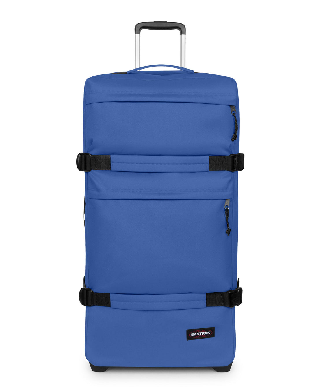Blue suitcase with black straps on a white background
