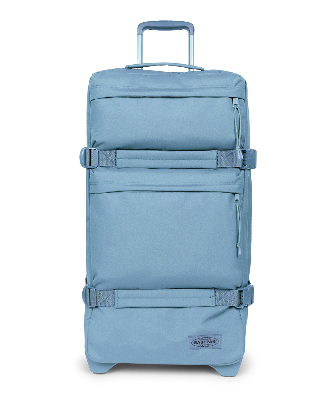 Blue suitcase with wheels on a white background