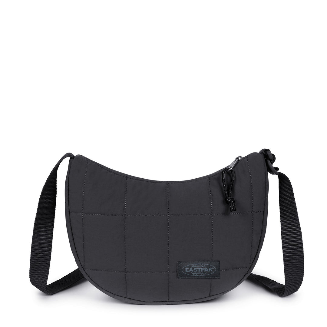 Black crossbody bag with a visible brand logo on a white background