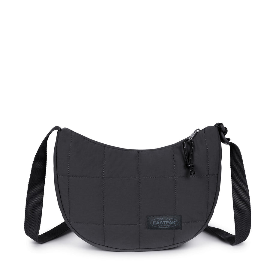 Black crossbody bag with a visible brand logo on a white background
