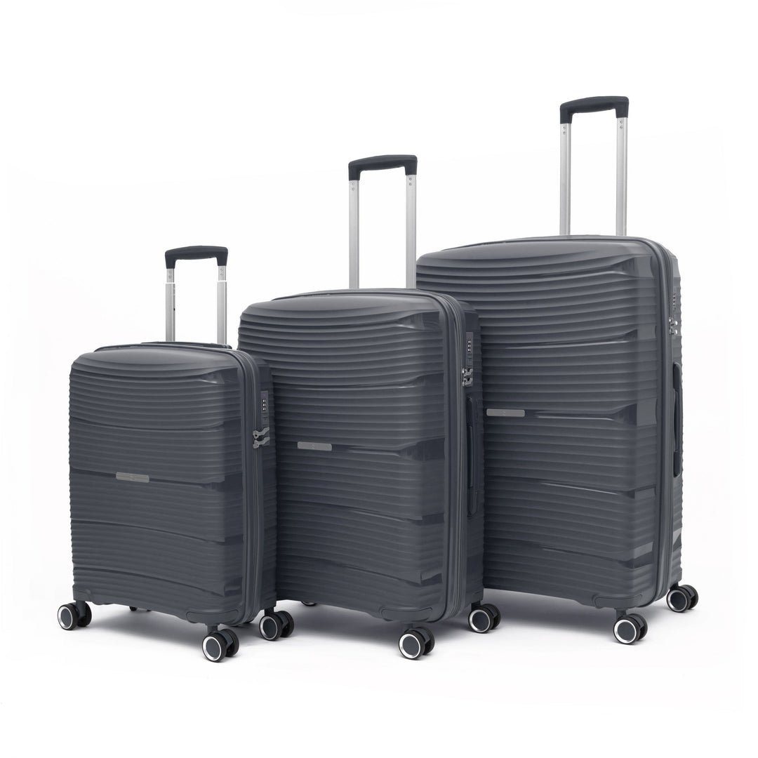 Set of three gray suitcases of different sizes on a white background