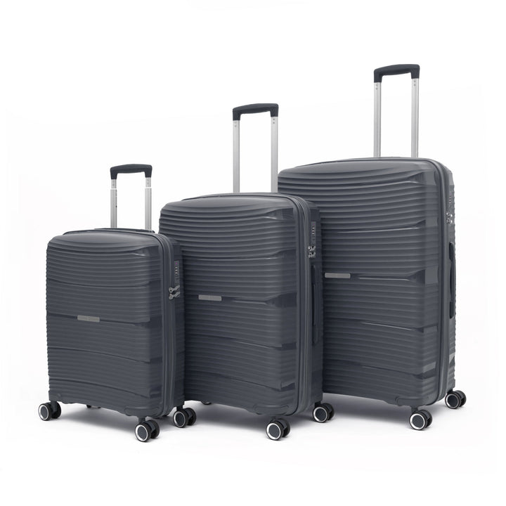 Set of three gray suitcases of different sizes on a white background