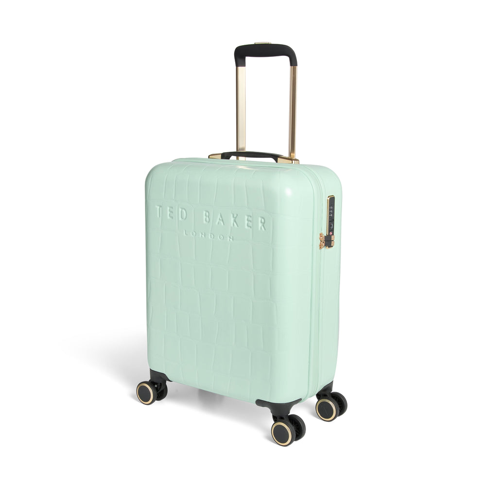 Mint green suitcase with 'Ted Baker' branding on a white background