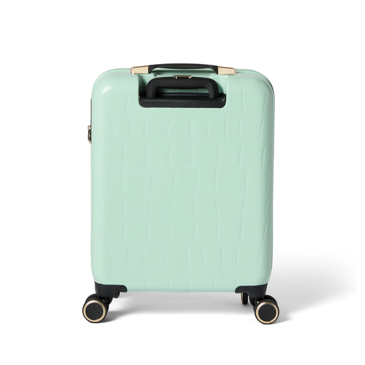 Mint green suitcase with a textured surface on a white background