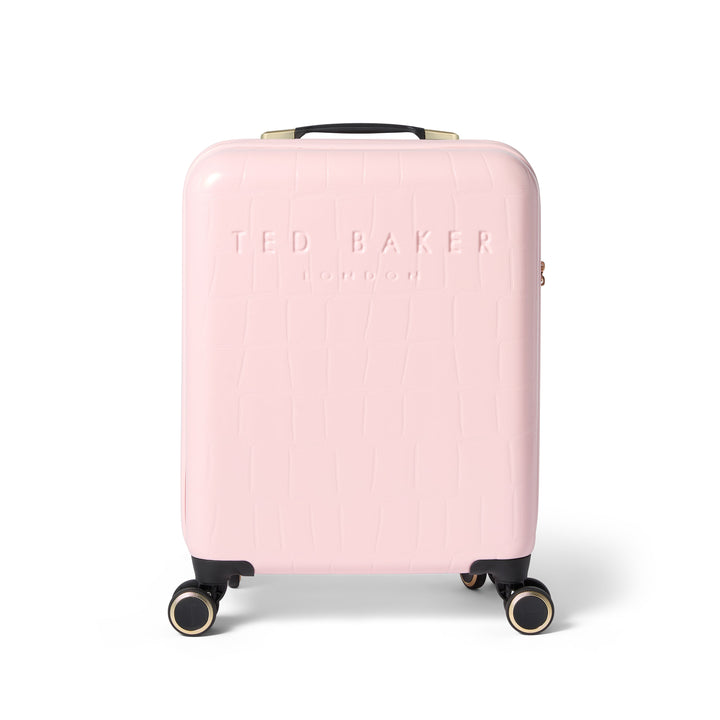 Pink suitcase with 'Ted Baker' branding on a white background