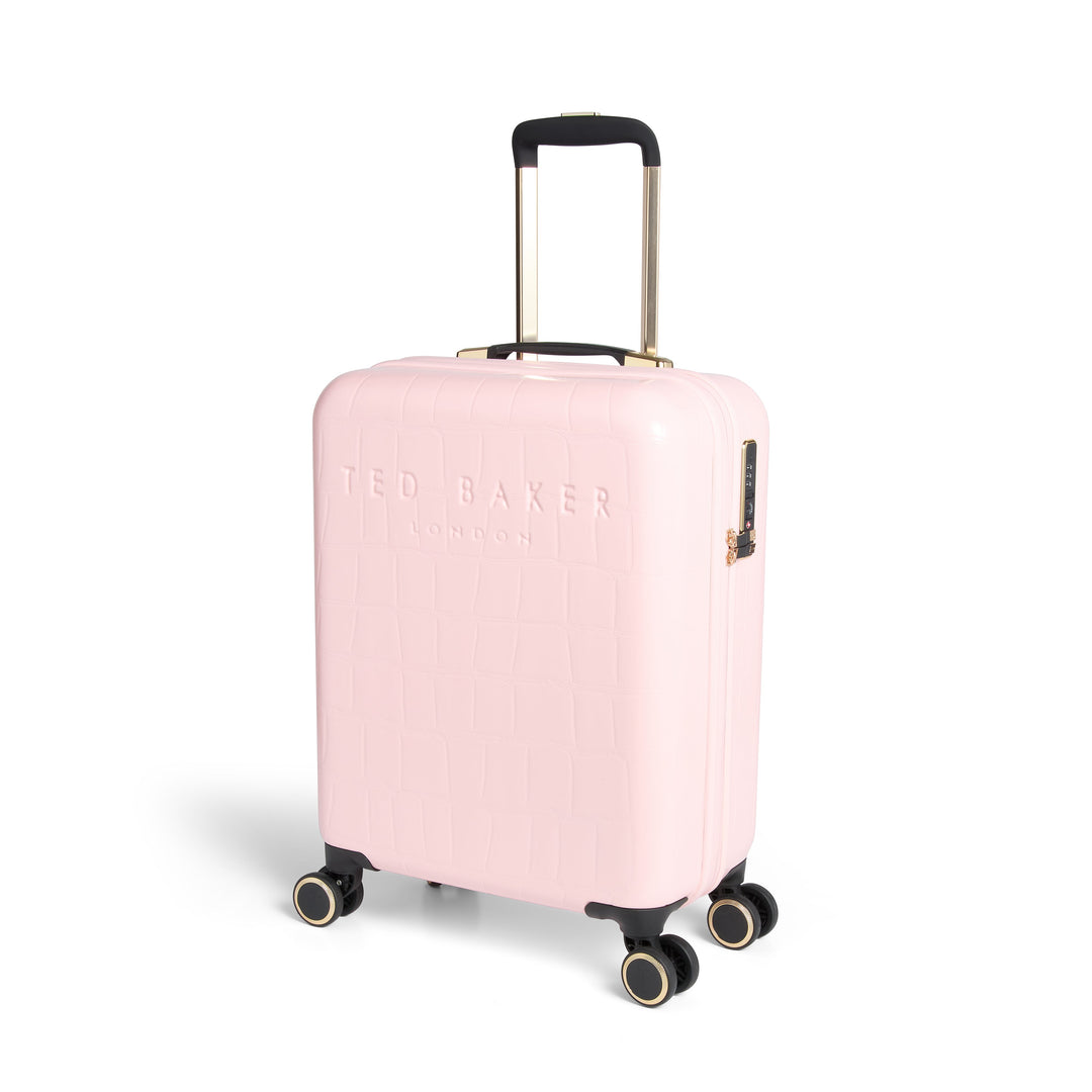 Pink suitcase with brand logo on a white background