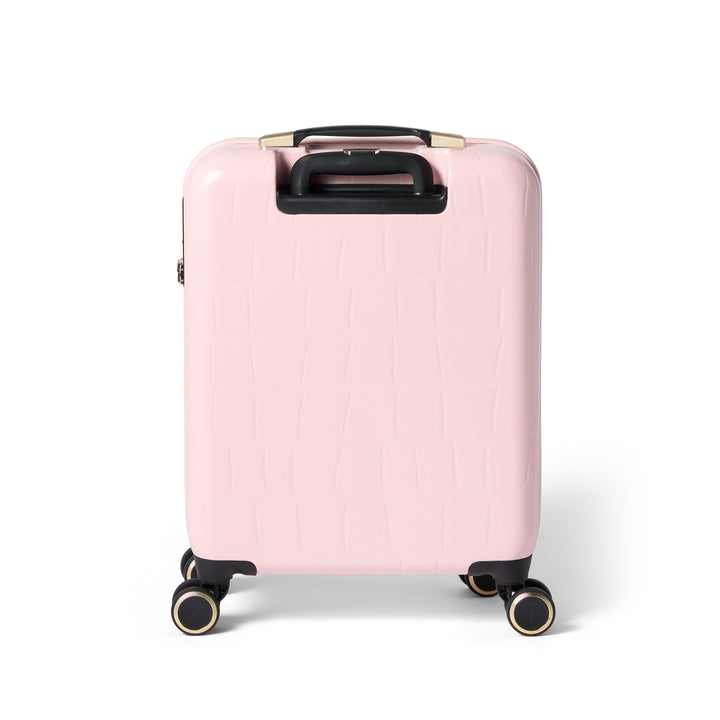 Pink suitcase with black wheels on a white background
