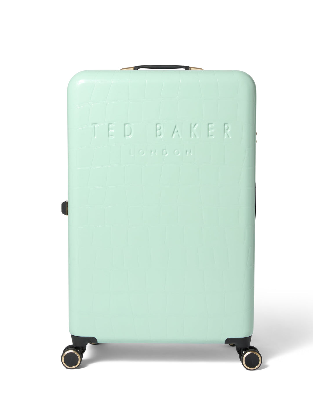 Mint green suitcase with 'Ted Baker' branding on a white background