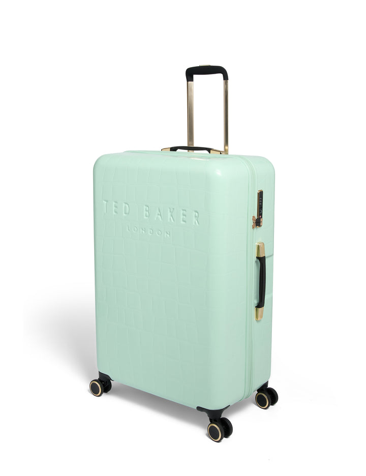 Mint green suitcase with gold accents on a white background