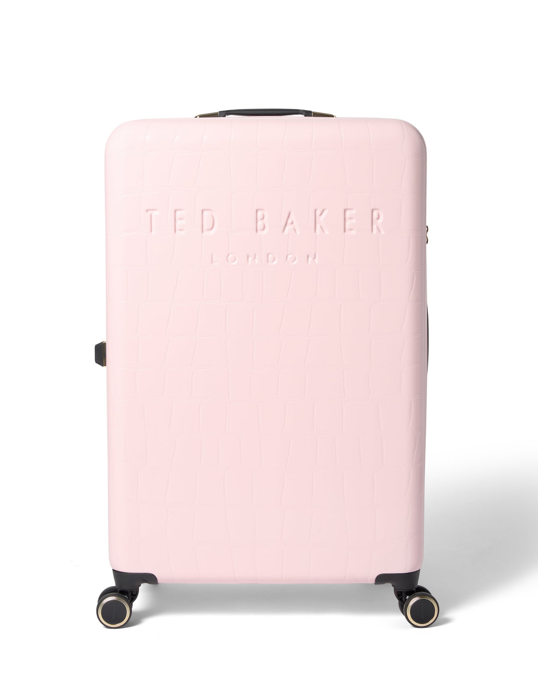 Pink suitcase with 'Ted Baker' branding on a white background