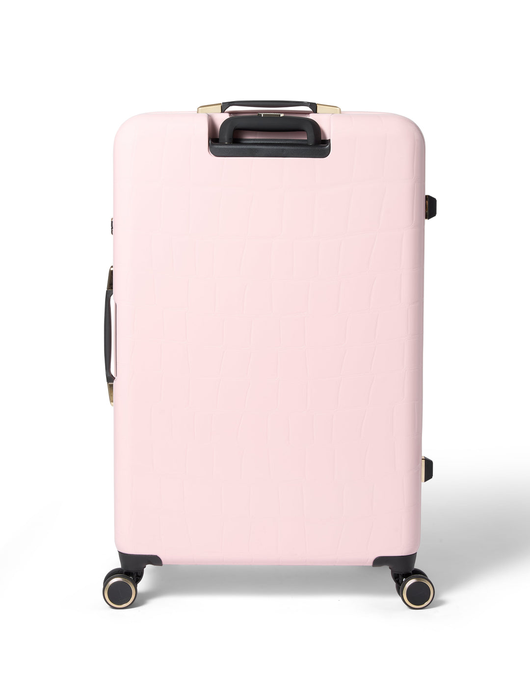 Pink suitcase with black wheels on a white background