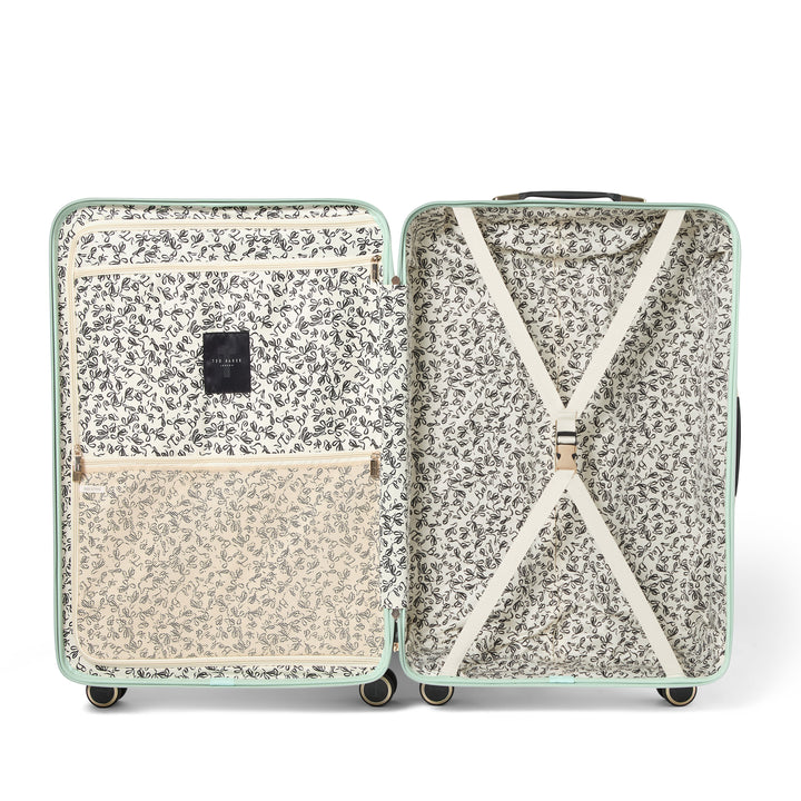 Floral-patterned suitcase interior on a white background