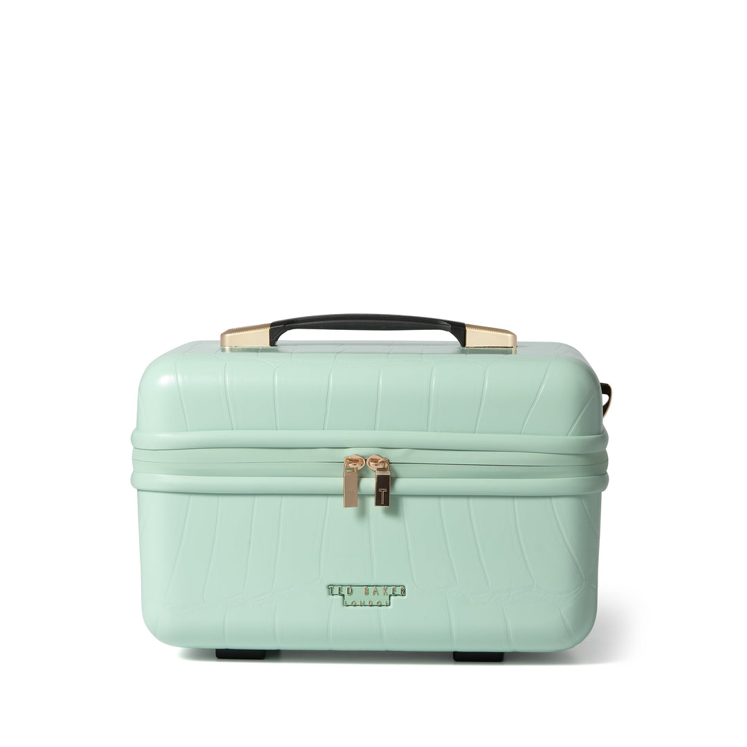 Mint green makeup vanity case with gold accents on a white background