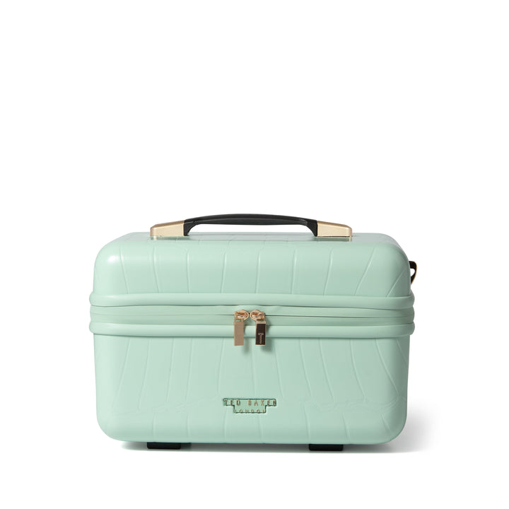 Mint green makeup vanity case with gold accents on a white background