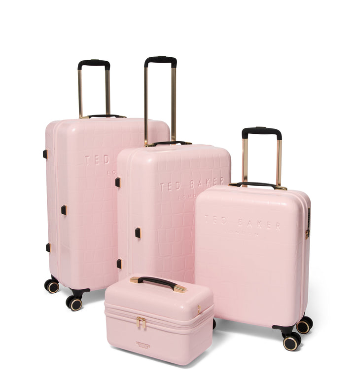 Set of pink suitcases with 'TED BAKER' branding on a white background