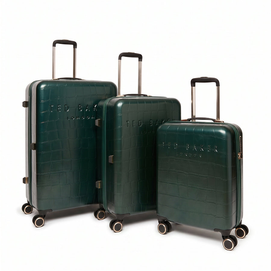 Set of 3 green suitcases in different sizes with Ted Baker branding