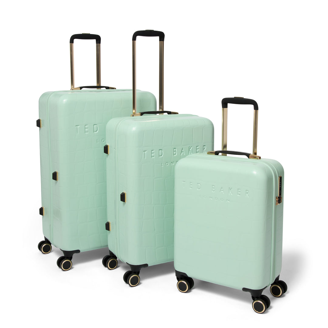 Three-piece Ted Baker hardshell luggage set in mint green, featuring different sizes with telescoping handles and dual spinner wheels, on a white background.